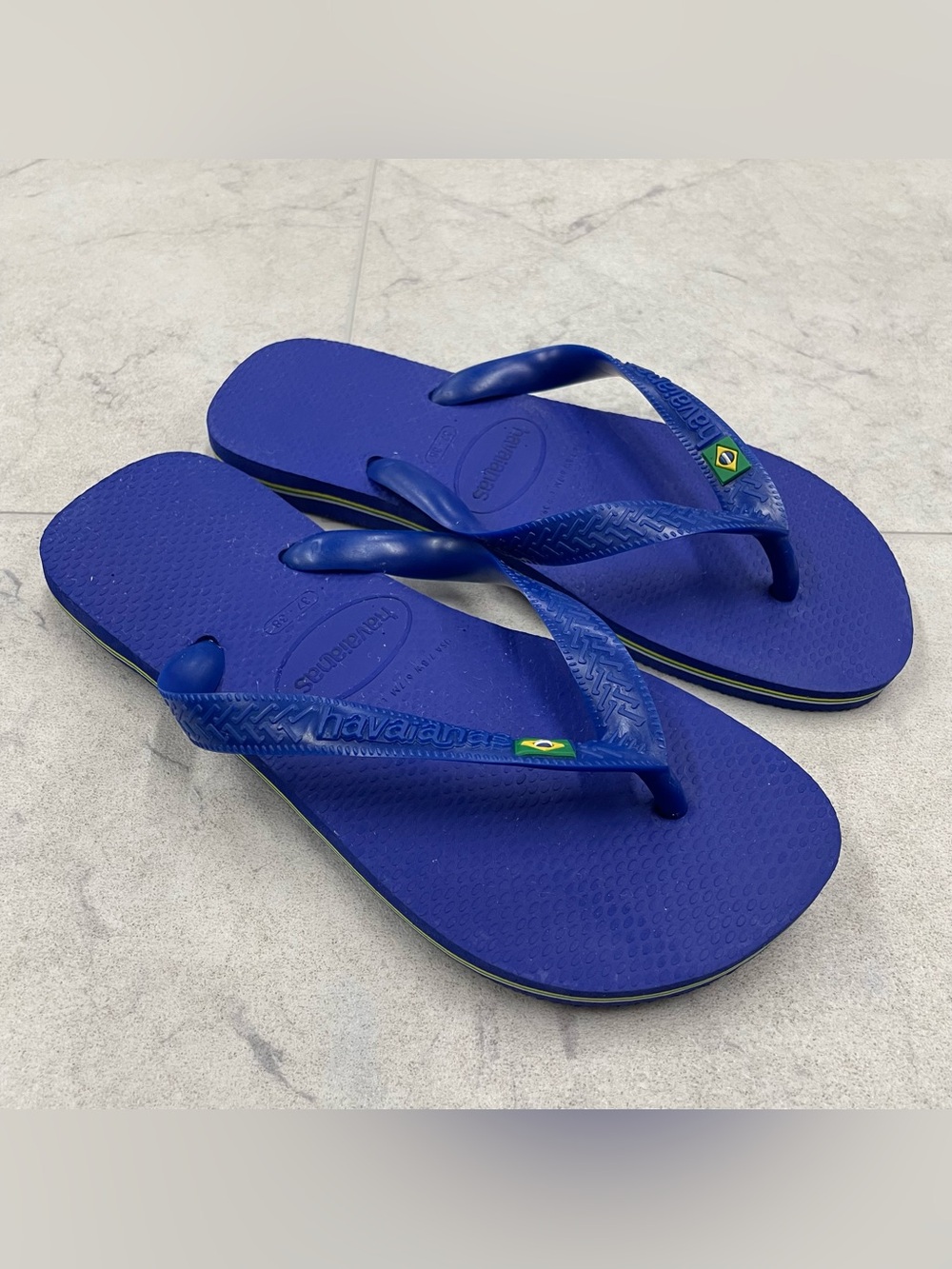 (NC-7) New Havaianas Women's Brazil Logo Flip Flops In Blue Size: 37-38